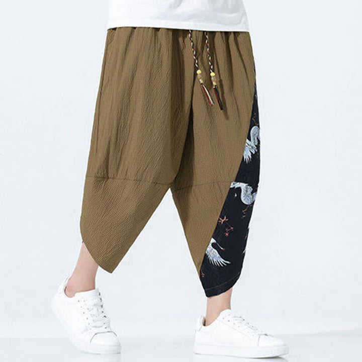 Buddha Stones Pantalones harem de verano para hombre con cordón ajustable, borla y estampado de grullas. - image 6