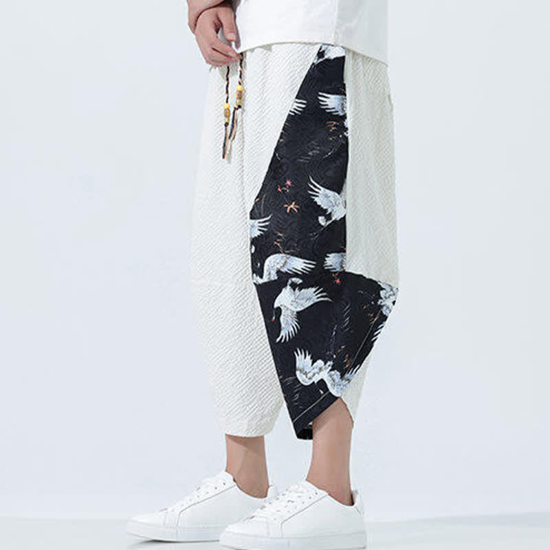 Buddha Stones Pantalones harem de verano para hombre con cordón ajustable, borla y estampado de grullas. - image 23