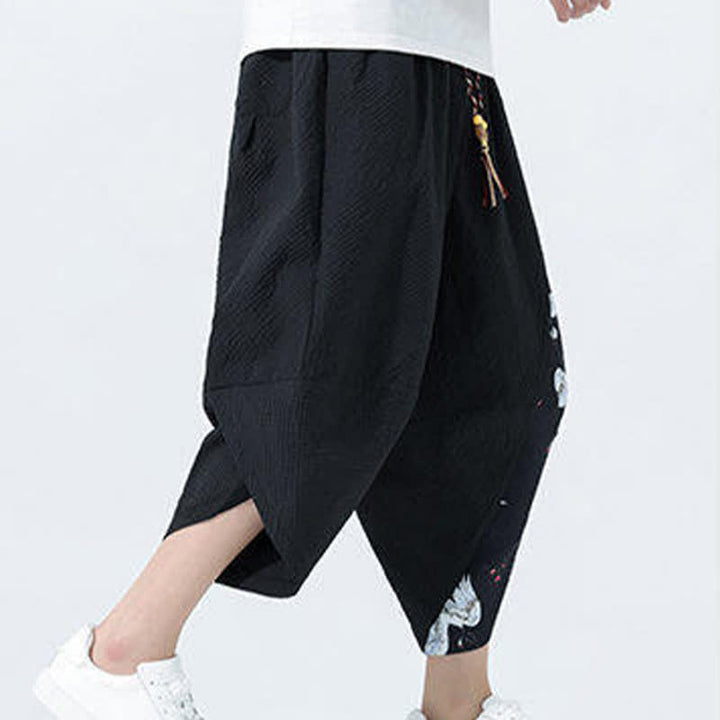 Buddha Stones Pantalones harem de verano para hombre con cordón ajustable, borla y estampado de grullas. - image 9