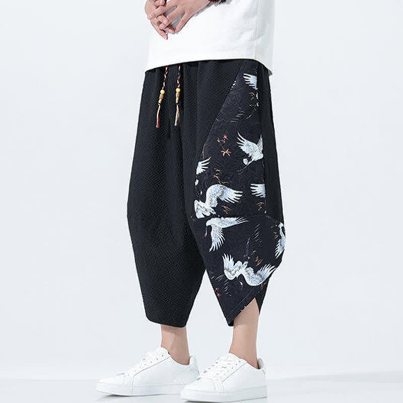 Buddha Stones Pantalones harem de verano para hombre con cordón ajustable, borla y estampado de grullas. - image 12
