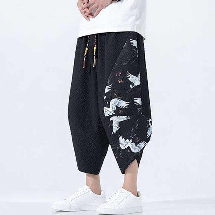 Buddha Stones Pantalones harem de verano para hombre con cordón ajustable, borla y estampado de grullas. - image 12