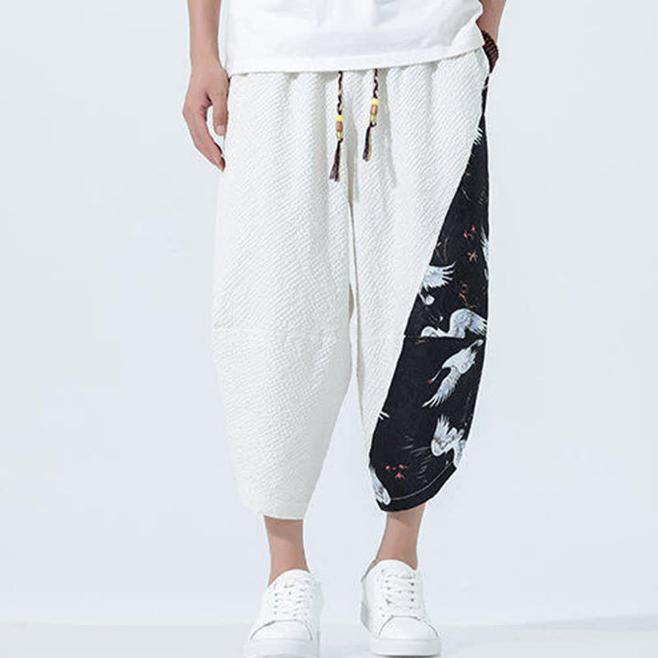 Buddha Stones Pantalones harem de verano para hombre con cordón ajustable, borla y estampado de grullas. - image 29