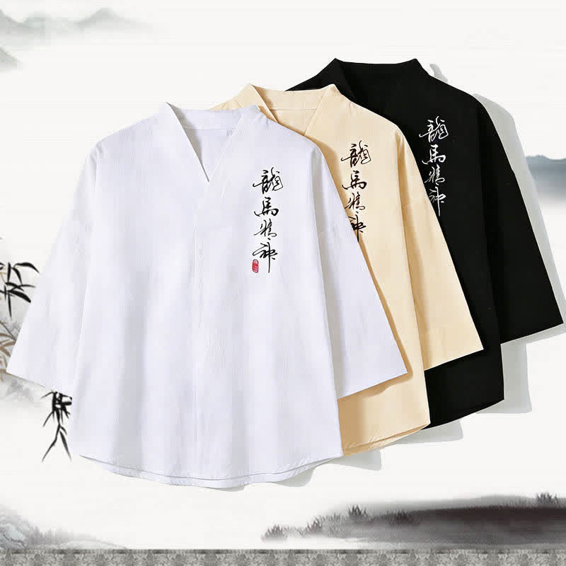 Buddha Stones Camisetas de manga tres cuartos para hombre con cuello mandarín, bordados y estampado caligráfico, estilo Summer Tang. - image 4