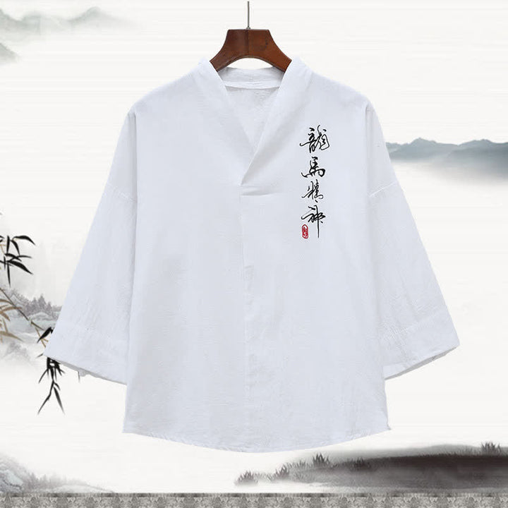 Buddha Stones Camisetas de manga tres cuartos para hombre con cuello mandarín, bordados y estampado caligráfico, estilo Summer Tang. - Blanco - US/UK/AU46, EU56 (5XL) - image 1