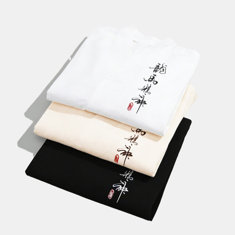 Buddha Stones Camisetas de manga tres cuartos para hombre con cuello mandarín, bordados y estampado caligráfico, estilo Summer Tang. - image 5