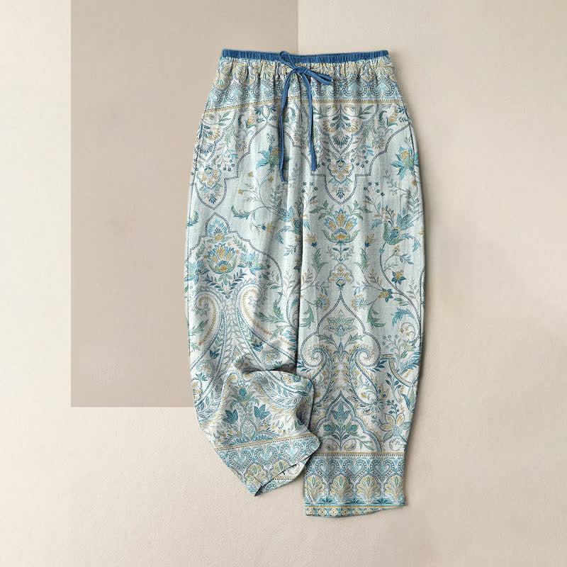 Buddha Stones Pantalones de verano de algodón con estampado floral paisley para mujer, cintura elástica y bolsillos. - Azul claro - US16，UK/AU20，EU48 (3XL) - image 0