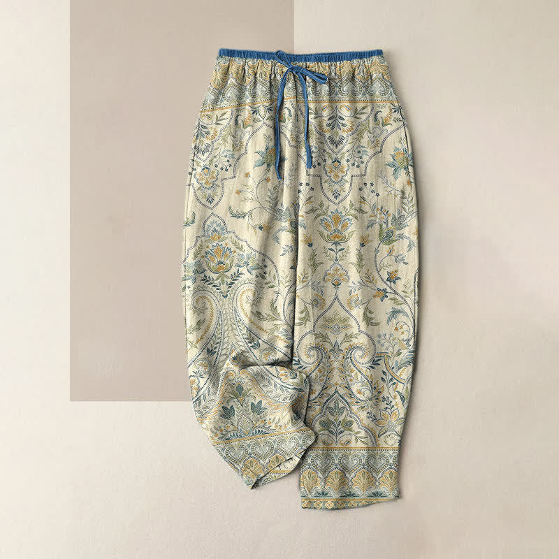 Buddha Stones Pantalones de verano de algodón con estampado floral paisley para mujer, cintura elástica y bolsillos. - Beige - US16，UK/AU20，EU48 (3XL) - image 3