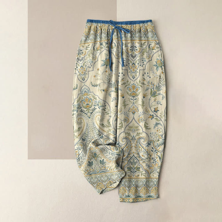 Buddha Stones Pantalones de verano de algodón con estampado floral paisley para mujer, cintura elástica y bolsillos. - Beige - US16，UK/AU20，EU48 (3XL) - image 3