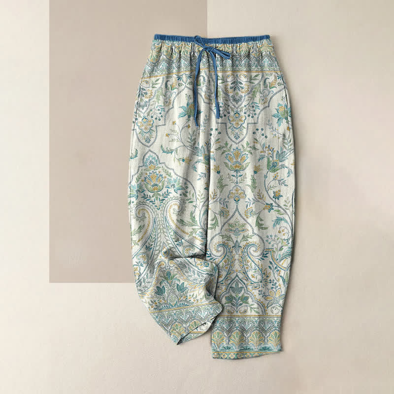 Buddha Stones Pantalones de verano de algodón con estampado floral paisley para mujer, cintura elástica y bolsillos. - Marfil - US16，UK/AU20，EU48 (3XL) - image 4