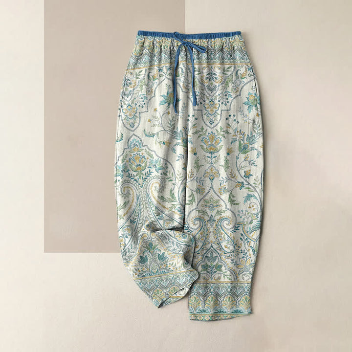 Buddha Stones Pantalones de verano de algodón con estampado floral paisley para mujer, cintura elástica y bolsillos. - Marfil - US16，UK/AU20，EU48 (3XL) - image 4