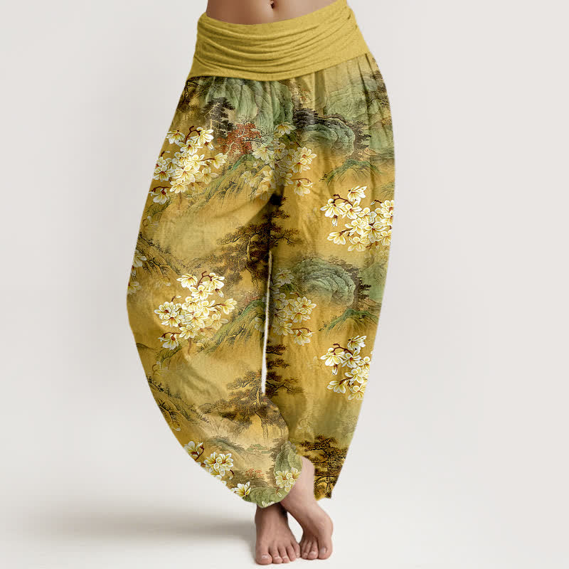 Buddha Stones Pantalones harem de mujer con cintura elástica y estampado floral bohemio de acuarela, de algodón puro. - vara de oro - US16，UK/AU20，EU48 (3XL) - image 0