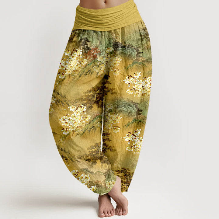 Buddha Stones Pantalones harem de mujer con cintura elástica y estampado floral bohemio de acuarela, de algodón puro. - vara de oro - US16，UK/AU20，EU48 (3XL) - image 0