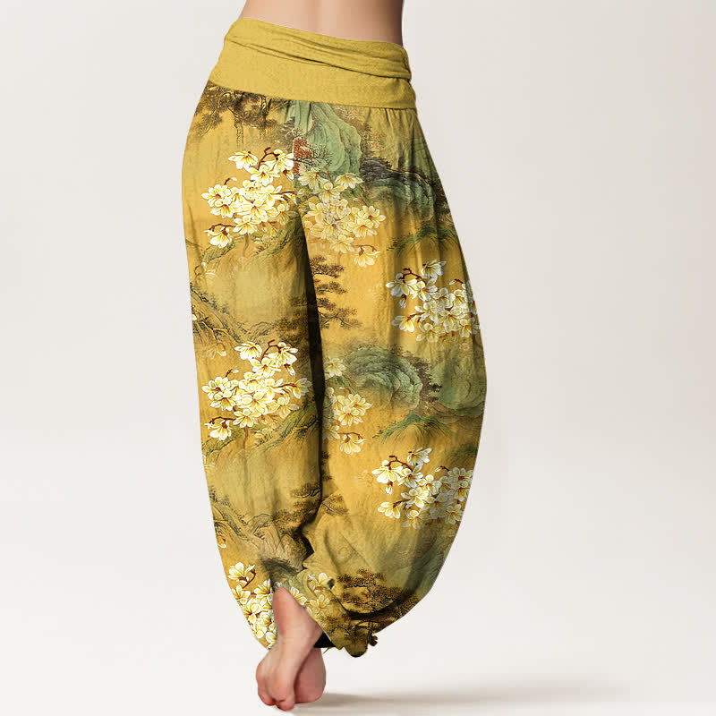 Buddha Stones Pantalones harem de mujer con cintura elástica y estampado floral bohemio de acuarela, de algodón puro. - image 1