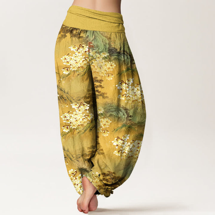 Buddha Stones Pantalones harem de mujer con cintura elástica y estampado floral bohemio de acuarela, de algodón puro. - image 1