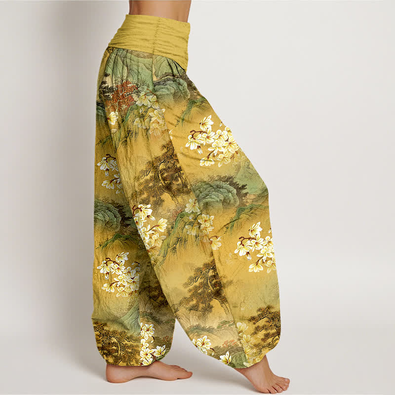 Buddha Stones Pantalones harem de mujer con cintura elástica y estampado floral bohemio de acuarela, de algodón puro. - image 2