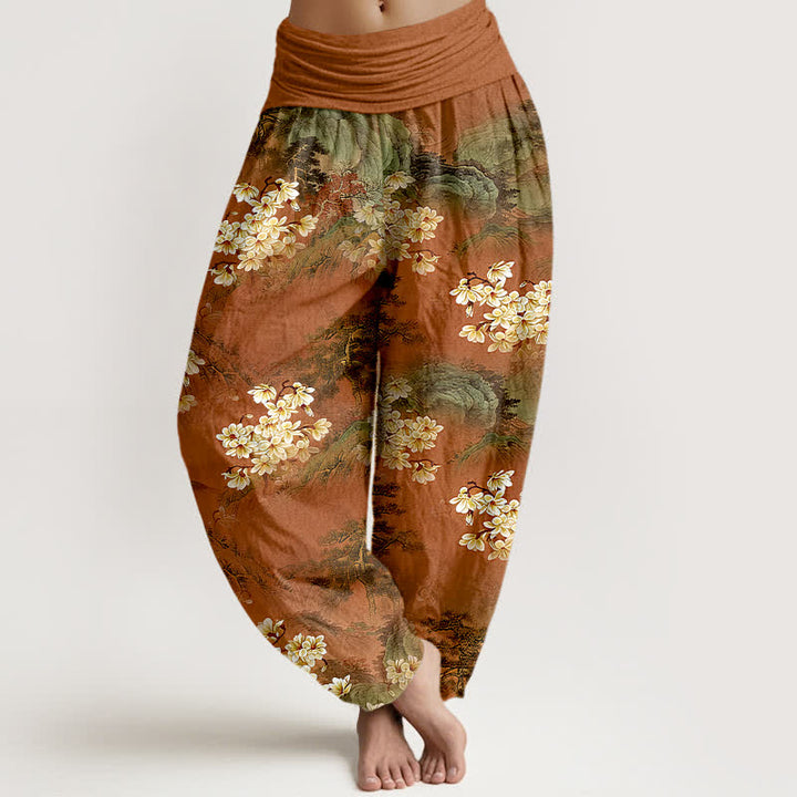 Buddha Stones Pantalones harem de mujer con cintura elástica y estampado floral bohemio de acuarela, de algodón puro. - Tierra de siena - US16，UK/AU20，EU48 (3XL) - image 5