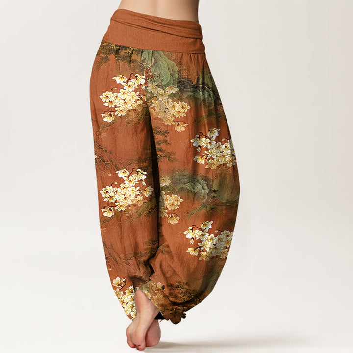 Buddha Stones Pantalones harem de mujer con cintura elástica y estampado floral bohemio de acuarela, de algodón puro. - image 6