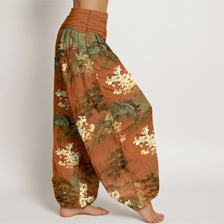 Buddha Stones Pantalones harem de mujer con cintura elástica y estampado floral bohemio de acuarela, de algodón puro. - image 7