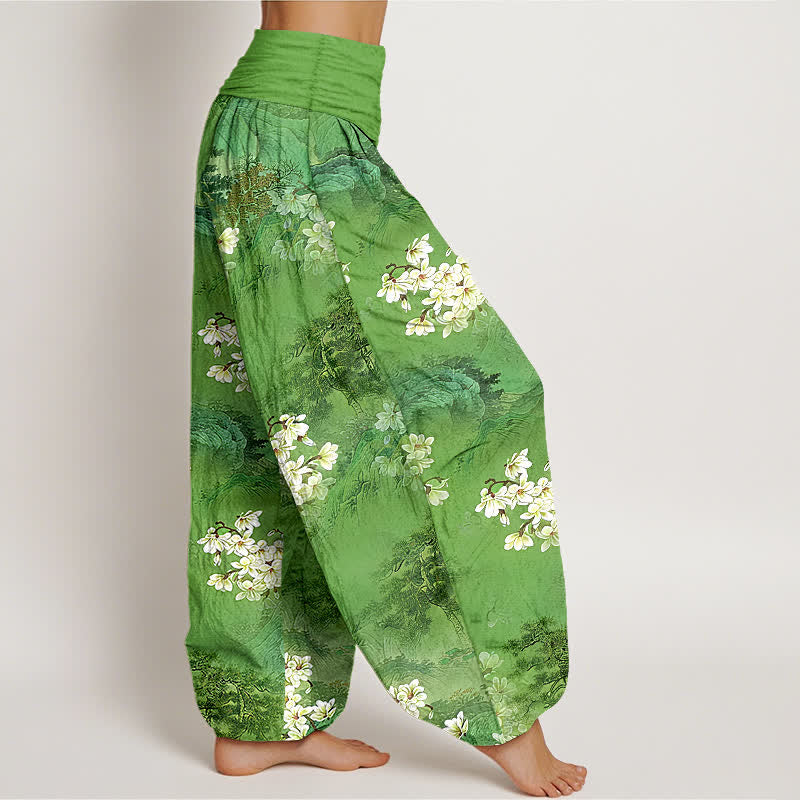 Buddha Stones Pantalones harem de mujer con cintura elástica y estampado floral bohemio de acuarela, de algodón puro. - image 10