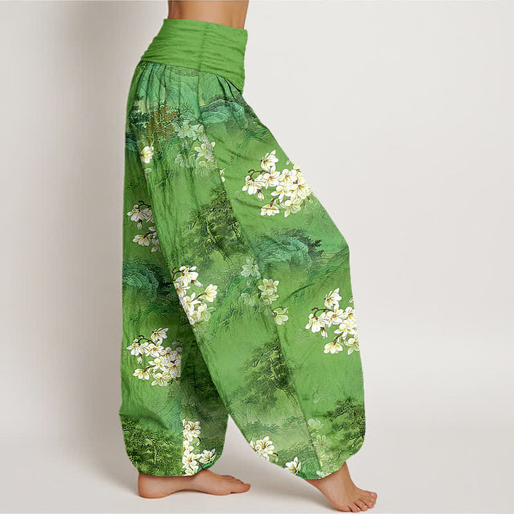 Buddha Stones Pantalones harem de mujer con cintura elástica y estampado floral bohemio de acuarela, de algodón puro. - image 10