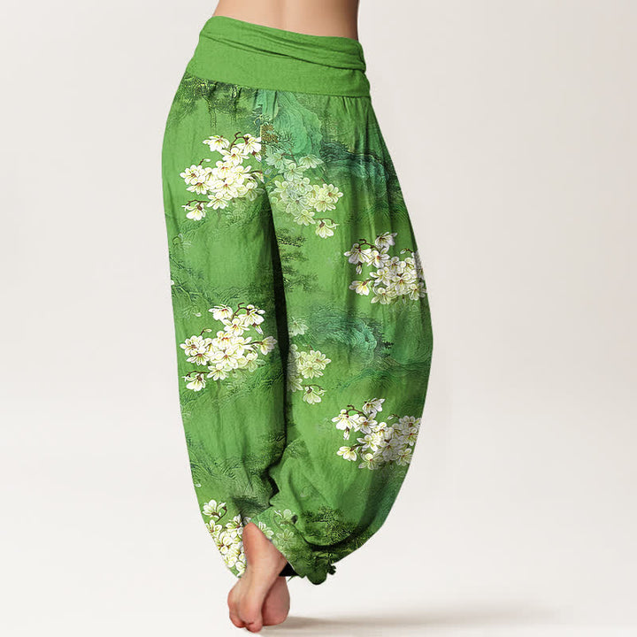 Buddha Stones Pantalones harem de mujer con cintura elástica y estampado floral bohemio de acuarela, de algodón puro. - image 9