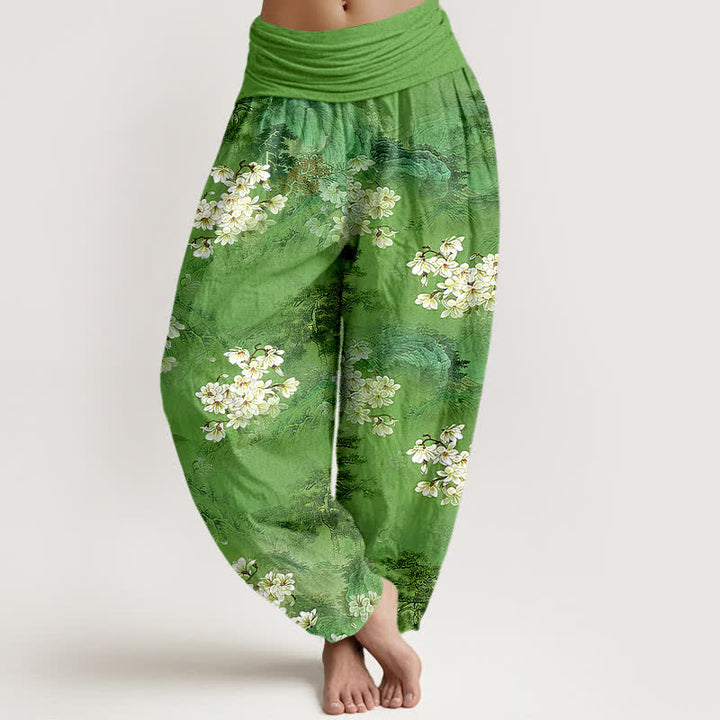 Buddha Stones Pantalones harem de mujer con cintura elástica y estampado floral bohemio de acuarela, de algodón puro. - Verde mar medio - US16，UK/AU20，EU48 (3XL) - image 8