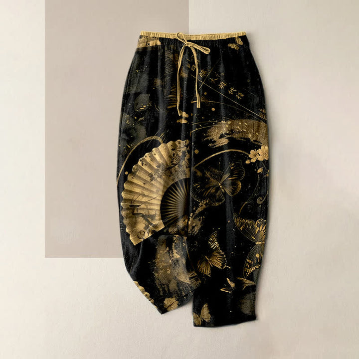 Buddha Stones Pantalones de mujer con cintura elástica y bolsillos, estampado floral de mariposas en lámina dorada. - Negro - US16，UK/AU20，EU48 (3XL) - image 0