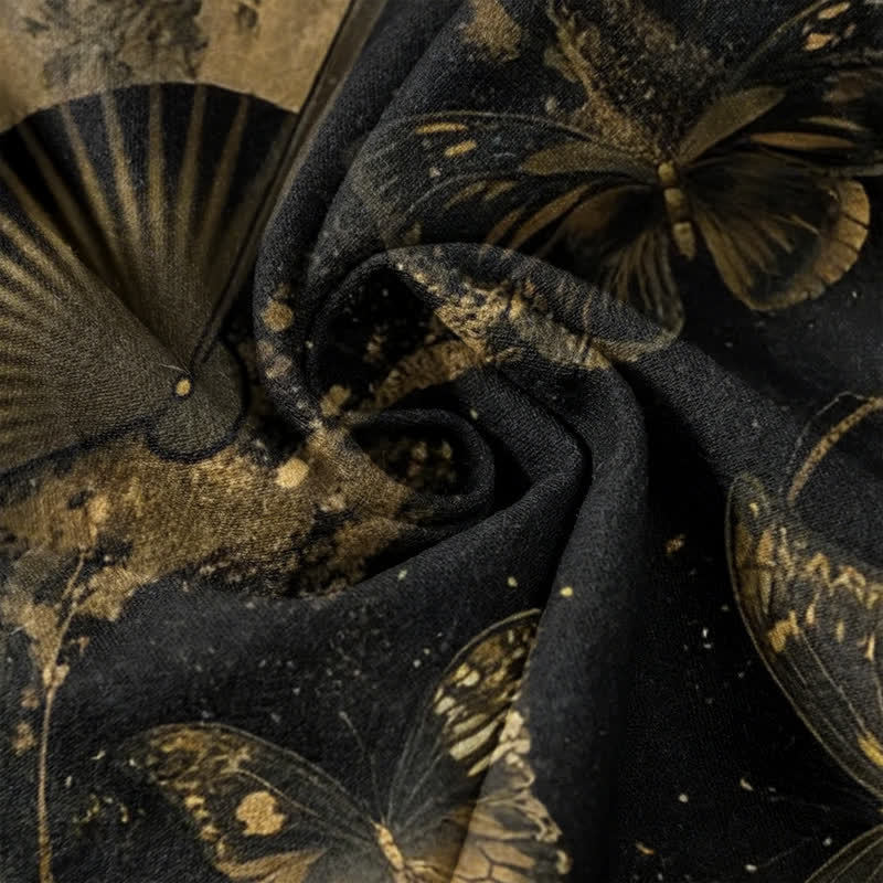 Buddha Stones Pantalones de mujer con cintura elástica y bolsillos, estampado floral de mariposas en lámina dorada. - image 3