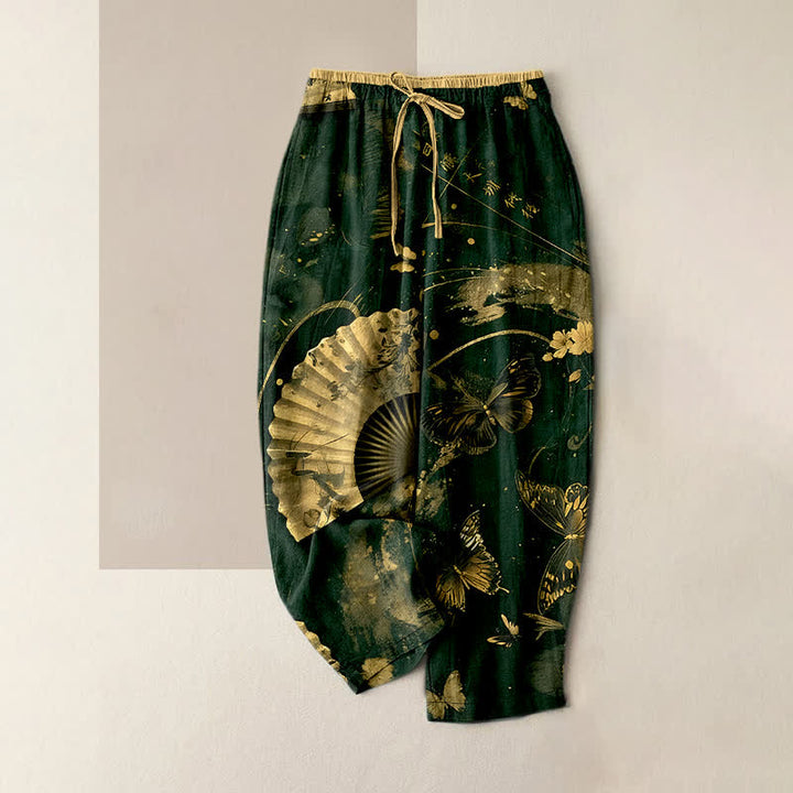 Buddha Stones Pantalones de mujer con cintura elástica y bolsillos, estampado floral de mariposas en lámina dorada. - Verde oscuro - US16，UK/AU20，EU48 (3XL) - image 5