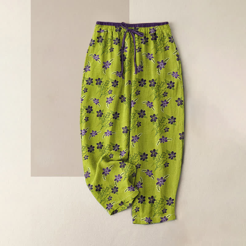 Buddha Stones Pantalones de mujer de algodón puro con estampado floral morado y cintura elástica, con bolsillos. - Verde amarillento - US16，UK/AU20，EU48 (3XL) - image 0