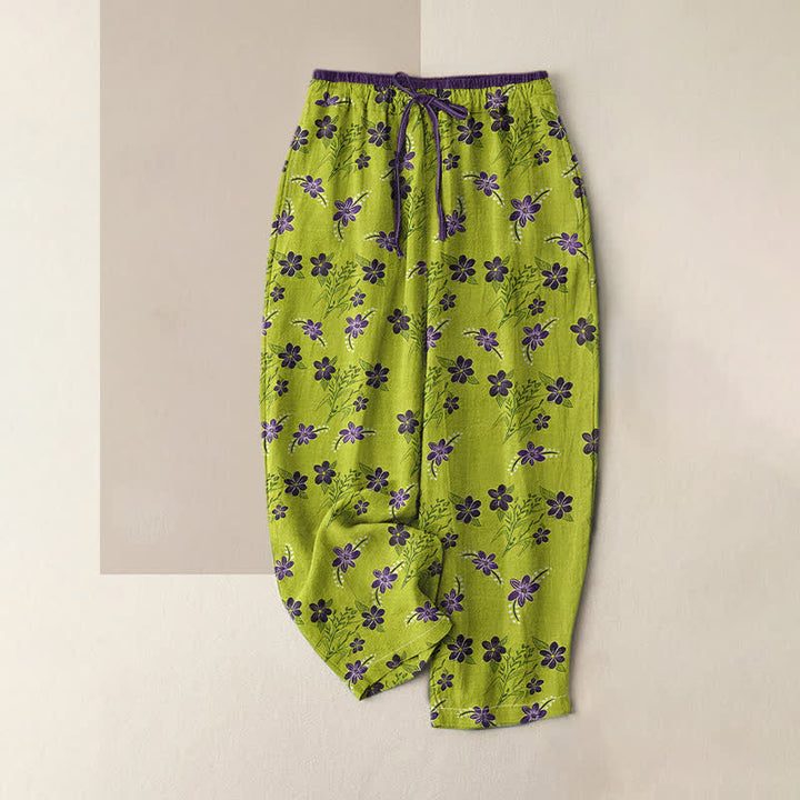 Buddha Stones Pantalones de mujer de algodón puro con estampado floral morado y cintura elástica, con bolsillos. - Verde amarillento - US16，UK/AU20，EU48 (3XL) - image 0