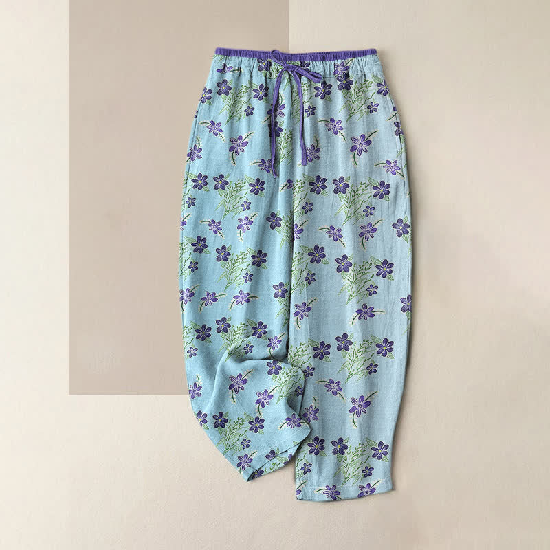 Buddha Stones Pantalones de mujer de algodón puro con estampado floral morado y cintura elástica, con bolsillos. - Turquesa pálido - US16，UK/AU20，EU48 (3XL) - image 3