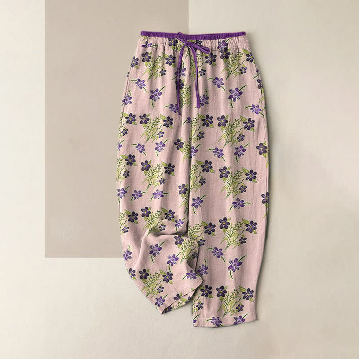 Buddha Stones Pantalones de mujer de algodón puro con estampado floral morado y cintura elástica, con bolsillos. - Rosa - US16，UK/AU20，EU48 (3XL) - image 4
