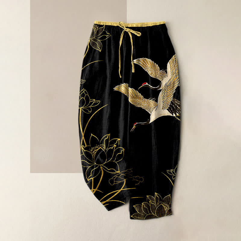 Buddha Stones Pantalones de mujer de algodón puro con estampado de grullas y loto, cintura elástica y bolsillos. - Negro - US16，UK/AU20，EU48 (3XL) - image 0