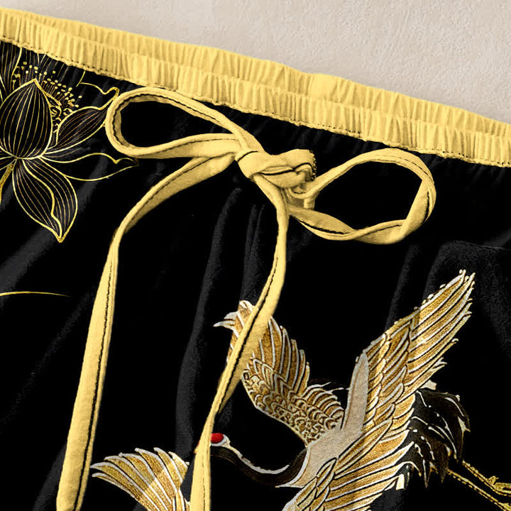 Buddha Stones Pantalones de mujer de algodón puro con estampado de grullas y loto, cintura elástica y bolsillos. - image 1