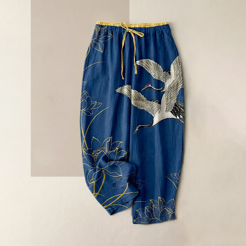 Buddha Stones Pantalones de mujer de algodón puro con estampado de grullas y loto, cintura elástica y bolsillos. - Azul acero - US16，UK/AU20，EU48 (3XL) - image 4