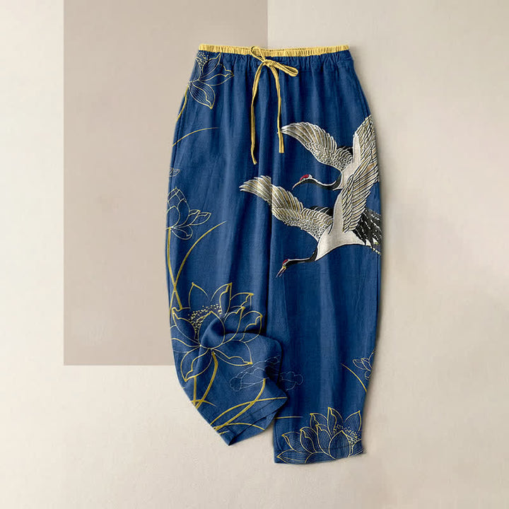 Buddha Stones Pantalones de mujer de algodón puro con estampado de grullas y loto, cintura elástica y bolsillos. - Azul acero - US16，UK/AU20，EU48 (3XL) - image 4