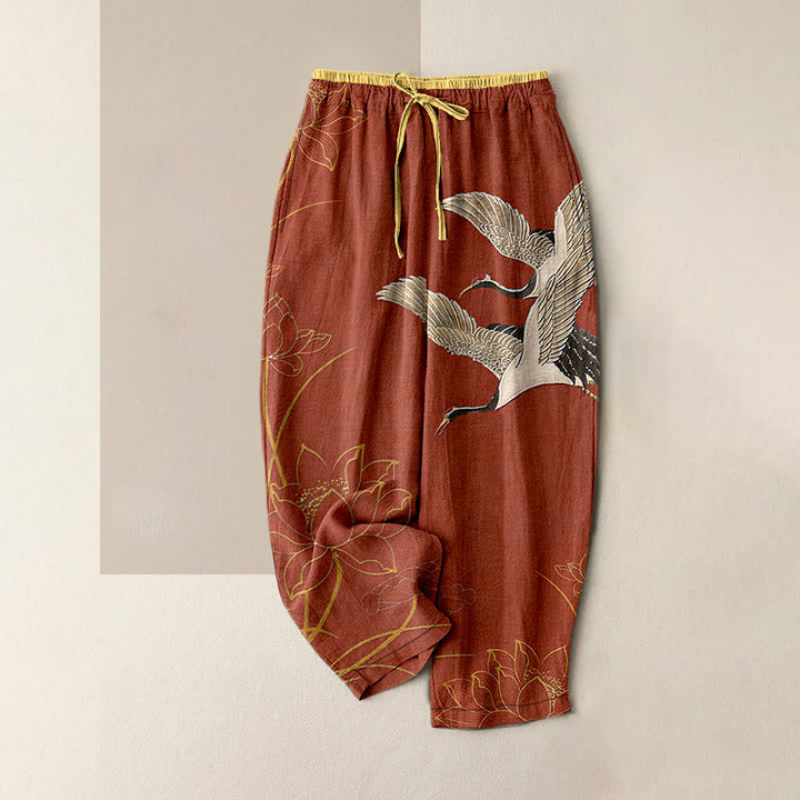 Buddha Stones Pantalones de mujer de algodón puro con estampado de grullas y loto, cintura elástica y bolsillos. - Marrón - US16，UK/AU20，EU48 (3XL) - image 5