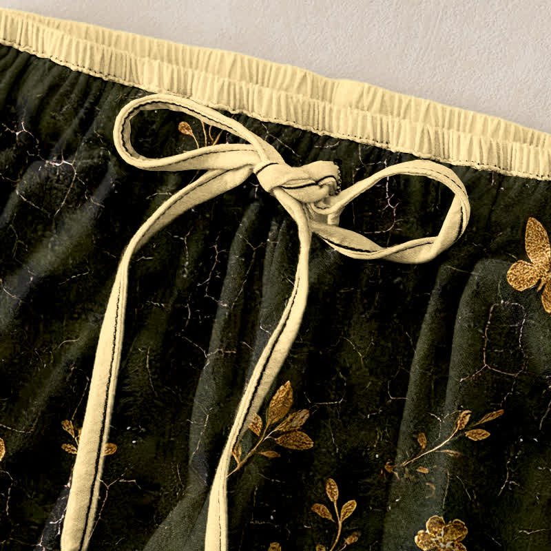 Buddha Stones Pantalones de mujer de algodón puro con estampado floral de mariposa dorada y cintura elástica con bolsillos. - image 1