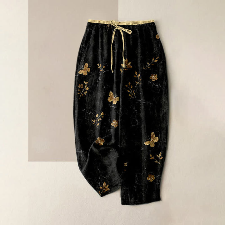Buddha Stones Pantalones de mujer de algodón puro con estampado floral de mariposa dorada y cintura elástica con bolsillos. - Negro - US16，UK/AU20，EU48 (3XL) - image 5