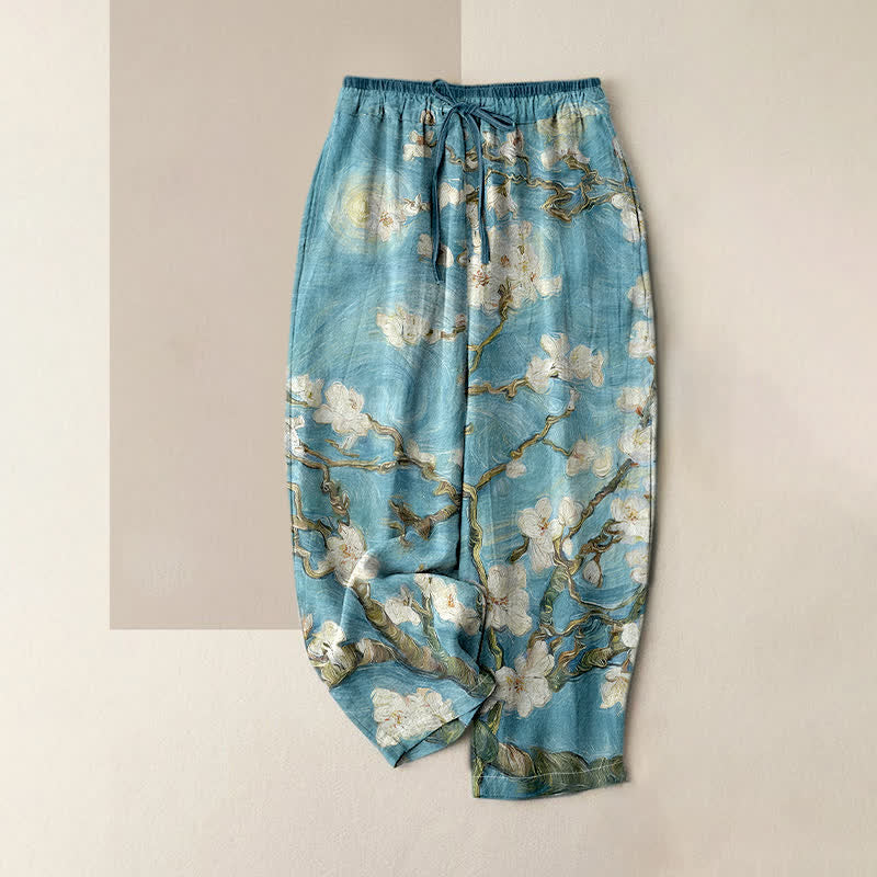 Buddha Stones Pantalones de mujer con cintura elástica y bolsillos, estampado de cielo estrellado y flores de almendro de Van Gogh. - Turquesa pálido - US16，UK/AU20，EU48 (3XL) - image 3