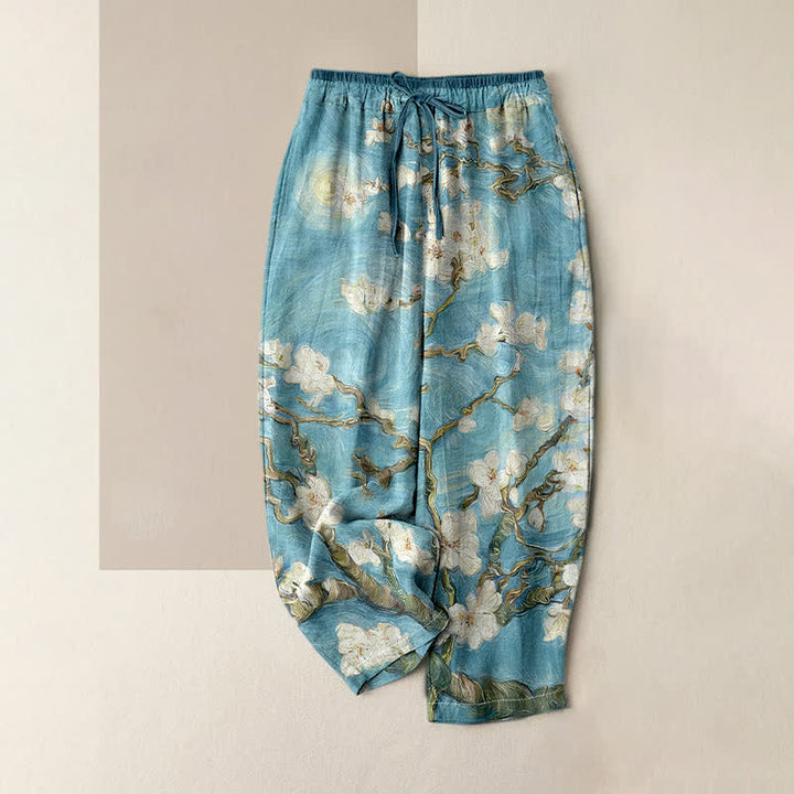 Buddha Stones Pantalones de mujer con cintura elástica y bolsillos, estampado de cielo estrellado y flores de almendro de Van Gogh. - Turquesa pálido - US16，UK/AU20，EU48 (3XL) - image 3