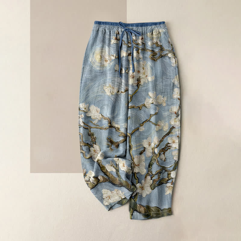 Buddha Stones Pantalones de mujer con cintura elástica y bolsillos, estampado de cielo estrellado y flores de almendro de Van Gogh. - Azul claro - US16，UK/AU20，EU48 (3XL) - image 4