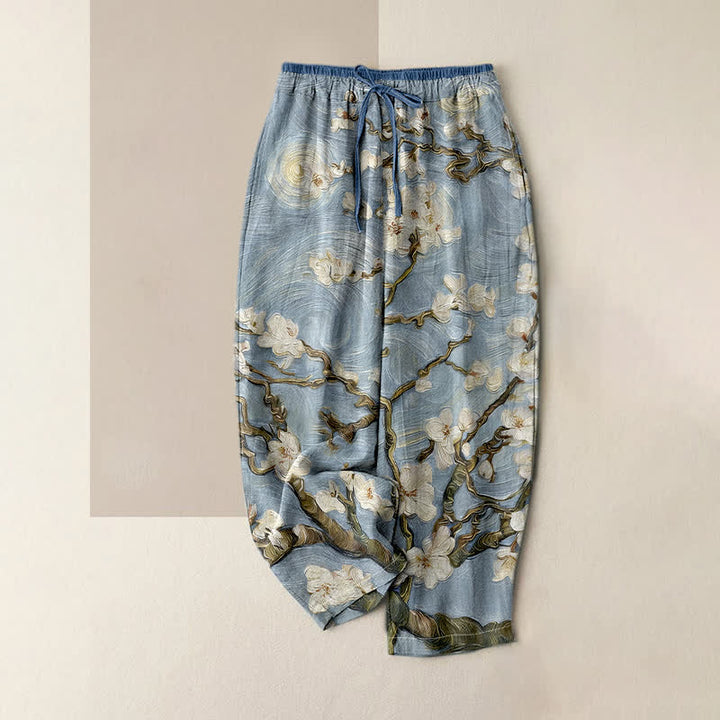 Buddha Stones Pantalones de mujer con cintura elástica y bolsillos, estampado de cielo estrellado y flores de almendro de Van Gogh. - Azul claro - US16，UK/AU20，EU48 (3XL) - image 4