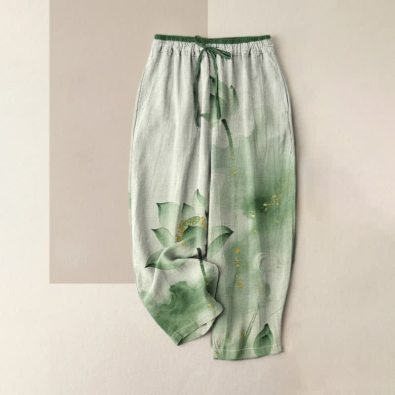 Buddha Stones Pantalones de mujer de algodón puro con estampado de loto dorado y cintura elástica, con bolsillos. - Verde mar oscuro - US16，UK/AU20，EU48 (3XL) - image 0