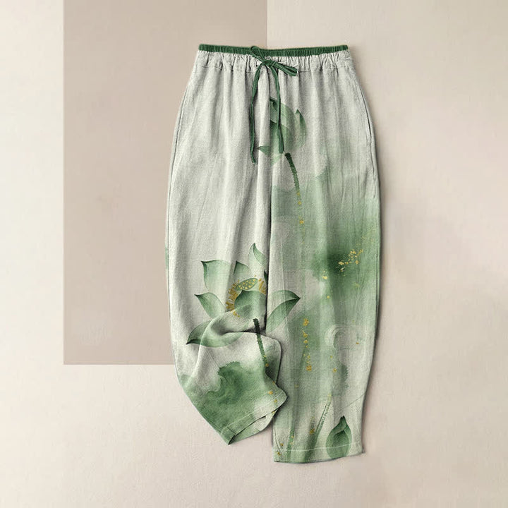 Buddha Stones Pantalones de mujer de algodón puro con estampado de loto dorado y cintura elástica, con bolsillos. - Verde mar oscuro - US16，UK/AU20，EU48 (3XL) - image 0