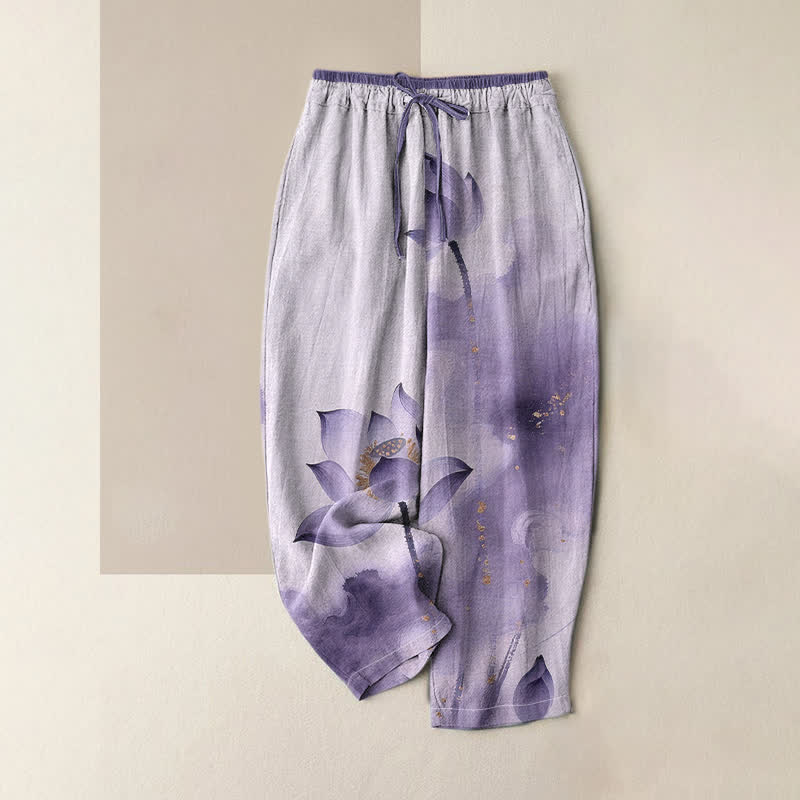 Buddha Stones Pantalones de mujer de algodón puro con estampado de loto dorado y cintura elástica, con bolsillos. - Lavanda - US16，UK/AU20，EU48 (3XL) - image 3