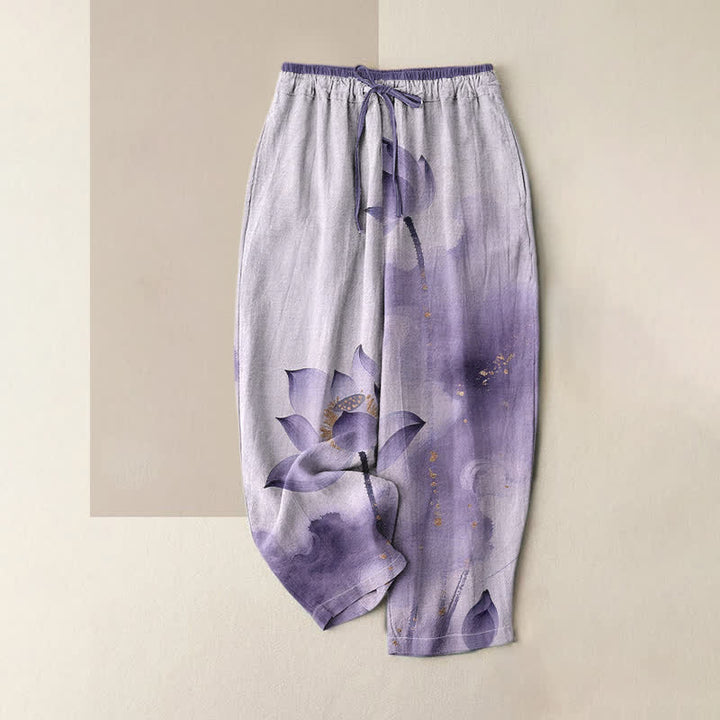 Buddha Stones Pantalones de mujer de algodón puro con estampado de loto dorado y cintura elástica, con bolsillos. - Lavanda - US16，UK/AU20，EU48 (3XL) - image 3