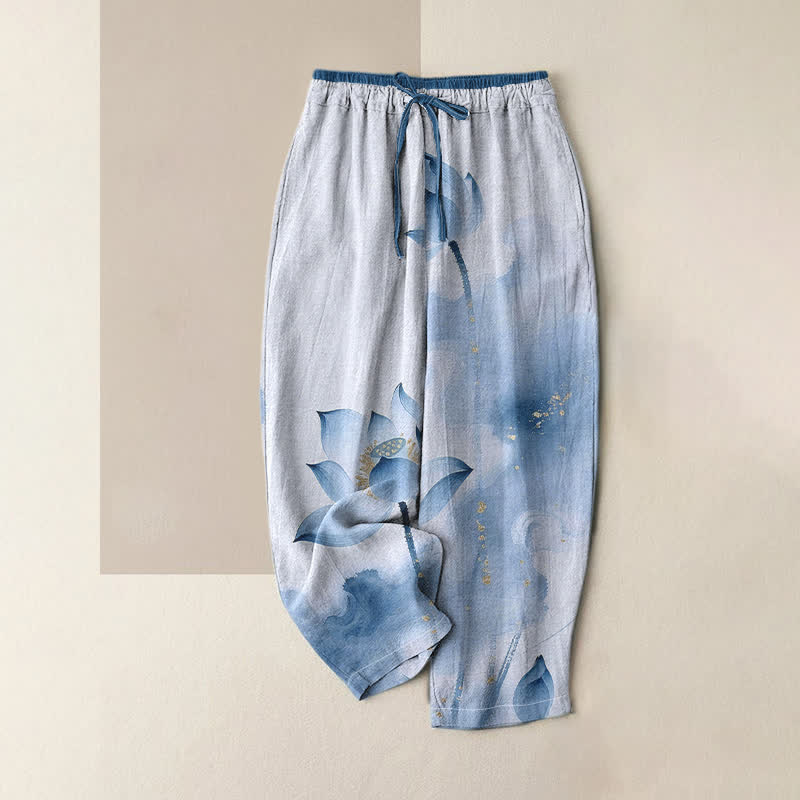 Buddha Stones Pantalones de mujer de algodón puro con estampado de loto dorado y cintura elástica, con bolsillos. - Azur - US16，UK/AU20，EU48 (3XL) - image 4