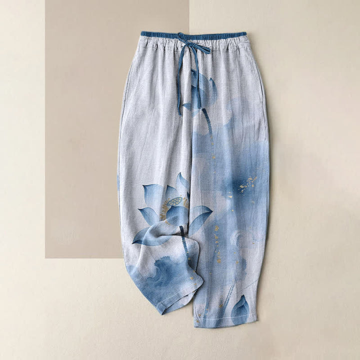 Buddha Stones Pantalones de mujer de algodón puro con estampado de loto dorado y cintura elástica, con bolsillos. - Azur - US16，UK/AU20，EU48 (3XL) - image 4